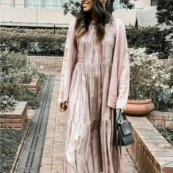 ZARA Embroidered Beaded Tie Dye Dusky Pink Boho Maxi Tiered Dress Sz M NEW - Picture 3 of 15